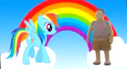 Size: 298x162 | Tagged: safe, artist:collegehumor, imported from derpibooru, rainbow dash, human, pegasus, pony, brony, brony stereotype, cloud, collegehumor, female, irl, male, mare, multicolored hair, my little x, on a cloud, parody, photo, photoshop, rainbow, rainbow hair, sky, standing on a cloud, toy, youtube link