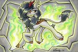 Size: 2680x1791 | Tagged: safe, artist:dandy, imported from derpibooru, oc, oc only, kirin, cloven hooves, copic, ear fluff, fire, green fire, kirin oc, raffle prize, signature, solo, traditional art, unshorn fetlocks