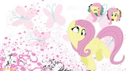 Size: 800x450 | Tagged: safe, artist:thebaffman, edit, imported from derpibooru, fluttershy, butterfly, pegasus, pony, cutie mark, cutie mark background, derp, eyes closed, female, mare, puffy cheeks, smiling, wallpaper, wallpaper edit, wings, yay