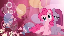 Size: 700x394 | Tagged: safe, artist:thebaffman, edit, imported from derpibooru, pinkie pie, earth pony, pony, angry, balloon, cutie mark, cutie mark background, female, flower, mare, pinkamena diane pie, sitting, smiling, wallpaper, wallpaper edit