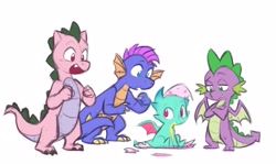 Size: 4096x2444 | Tagged: safe, artist:chub-wub, imported from derpibooru, master kenbroath gilspotten heathspike, spike, spike (g1), dragon, baby, baby dragon, crossed arms, dragon wings, duality, egg, g1, g3, g4, g5, generation leap, group, high res, male, open mouth, open smile, quartet, simple background, sitting, smiling, sparky sparkeroni, spread wings, white background, winged spike, wings