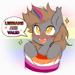 Size: 1880x1880 | Tagged: safe, artist:concerned citizen, imported from derpibooru, oc, oc only, oc:devin, bat pony, bisexual pride flag, bisexuality, blushing, cute, fangs, flag, gay pride, gay pride flag, gradient background, lesbian pride flag, pride, pride flag, revenge, signature, thegaybatpone, watermark