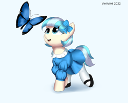 Size: 3184x2576 | Tagged: safe, artist:vinilyart, imported from derpibooru, coco pommel, butterfly, earth pony, pony, bow, clothes, dress, female, filly, foal, hair bow, looking at something, morpho, shoes, solo