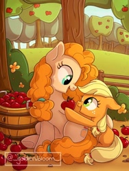 Size: 768x1024 | Tagged: safe, artist:golden bloom, imported from derpibooru, applejack, pear butter, earth pony, pony, apple, apple tree, cottagecore, cute, duo, eye contact, female, filly, filly applejack, floppy ears, flower, foal, food, freckles, hoof hold, jackabetes, looking at each other, looking at someone, mother and child, mother and daughter, open mouth, open smile, pearabetes, signature, smiling, smiling at each other, tree, underhoof, younger