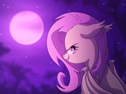 Size: 1024x768 | Tagged: safe, artist:golden bloom, imported from derpibooru, fluttershy, bat pony, pony, aside glance, bat ponified, bat wings, evil grin, female, floppy ears, flutterbat, full moon, grin, jpg, looking at you, mare, moon, night, outdoors, race swap, red eyes, smiling, solo, stars, wings