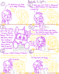 Size: 4779x6013 | Tagged: safe, artist:adorkabletwilightandfriends, imported from derpibooru, fluttershy, twilight sparkle, alicorn, pegasus, pony, comic:adorkable twilight and friends, adorkable, adorkable twilight, comic, computer, computer screen, confused, cup, cute, dating sim, dork, friendship, game, happy, humor, laptop computer, nervous, shyabetes, sitting, slice of life, smiling, stroking, table, twiabetes, twilight sparkle (alicorn)