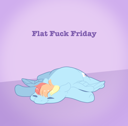 Size: 4096x4031 | Tagged: safe, artist:cutepencilcase, imported from derpibooru, part of a set, rainbow dash, pegasus, pony, comfy, cute, dashabetes, eyes closed, female, flat fuck friday, friday, happy, lying down, prone, purple background, simple background, smiling, solo, sploot, swearing, text, vulgar