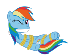 Size: 1007x793 | Tagged: safe, artist:soupcanz, imported from derpibooru, rainbow dash, pegasus, pony, bondage, bound and gagged, cloth gag, female, gag, one eye closed, simple background, solo, struggling, transparent background