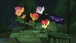 Size: 3840x2160 | Tagged: safe, artist:moonatik, imported from derpibooru, apple bloom, babs seed, scootaloo, sweetie belle, earth pony, pegasus, pony, unicorn, alternate hairstyle, alternate timeline, belt, boots, bow, bush, cannon, clothes, cloud, female, flag, hair bow, hair bun, jacket, jumpsuit, leather jacket, lunar empire, mare, new lunar millennium, night, nightmare takeover timeline, older, older apple bloom, older babs seed, older scootaloo, older sweetie belle, shoes, short hair, short tail, small wings, swamp, t-44, tail, tank (vehicle), tree, wings