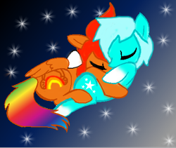 Size: 439x371 | Tagged: safe, artist:rainbow-neko-chan, imported from derpibooru, oc, oc only, oc:blank hooves, oc:rainbow neko, earth pony, pegasus, pony, colt, eyes closed, female, foal, hug, male, mare, sleeping, stallion, starry background, stars, wings