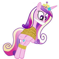 Size: 2466x2432 | Tagged: safe, artist:soupcanz, imported from derpibooru, princess cadance, alicorn, bondage, bound and gagged, cloth gag, confused, damsel in distress, female, gag, huh, rope, rope bondage, simple background, solo, transparent background