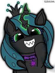 Size: 2304x3072 | Tagged: safe, artist:msbluejune, imported from derpibooru, queen chrysalis, changeling, changeling queen, canterlot wedding 10th anniversary, evil grin, female, grin, sharp teeth, signature, simple background, smiling, solo, teeth, white background