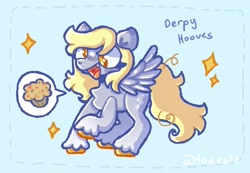 Size: 2383x1646 | Tagged: safe, artist:toaestt, imported from derpibooru, derpy hooves, pegasus, pony, blue background, cross-eyed, digital art, eyelashes, fangs, female, food, muffin, open mouth, orange eyes, shiny hoof, simple background, solo, sparkles, sparkly eyes, speech bubble, spread wings, wings