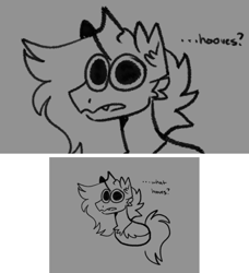 Size: 959x1052 | Tagged: safe, artist:rockin_candies, imported from derpibooru, oc, oc only, oc:red, changeling, 2 panel comic, comic, confused, dialogue, dilated pupils, fangs, grayscale, hooves debate, limbless, looking at you, male, monochrome, open mouth, solo