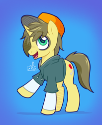 Size: 1064x1296 | Tagged: safe, artist:lilpinkghost, imported from derpibooru, oc, oc only, oc:repairer peanut, pony, unicorn, blue background, clothes, commission, hat, horn, male, open mouth, open smile, shadow, signature, simple background, smiling, solo, stallion, sweater, unicorn oc