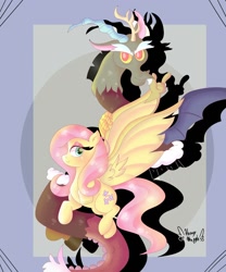 Size: 1080x1296 | Tagged: safe, artist:mapple_cake1, imported from derpibooru, discord, fluttershy, draconequus, pegasus, pony, abstract background, discoshy, duo, duo male and female, female, flying, hybrid wings, looking at you, male, mare, pretty, shadow, shipping, signature, spread wings, straight, wings