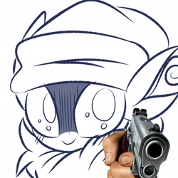 Size: 2048x2048 | Tagged: safe, artist:berrysoda10, imported from derpibooru, winter sprite, them's fightin' herds, community related, delet this, gun, hand, handgun, irl, looking at you, monochrome, photo, smiling, weapon