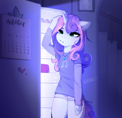 Size: 3050x2943 | Tagged: safe, artist:magnaluna, imported from derpibooru, sweetie belle, anthro, unicorn, calendar, clothes, cute, diasweetes, egg, heart, hungry, october, refrigerator