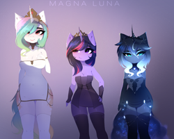 Size: 4406x3520 | Tagged: safe, artist:magnaluna, imported from derpibooru, princess celestia, princess luna, twilight sparkle, anthro, absurd file size, breasts, cleavage, clothes, female, horn, simple background, socks, stockings, thigh highs, wingless, wingless anthro