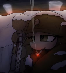 Size: 1000x1100 | Tagged: safe, artist:datte-before-dawn, oc, oc only, earth pony, pony, blanket, cigarette, female, gun, helmet, mare, miserable, smoking, snow, solo, spotlight, thousand yard stare, trench, weapon