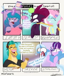 Size: 1715x2045 | Tagged: safe, artist:brogararts, imported from derpibooru, hitch trailblazer, izzy moonbow, kerfuffle, starlight glimmer, tempest shadow, trixie, earth pony, pegasus, pony, unicorn, six fanarts, my little pony: the movie, rainbow roadtrip, ball, beard, big eyes, censored, censored vulgarity, eyes closed, facial hair, five nights at freddy's, g5, glasses, glitter, glowing, glowing horn, headphones, hitchiplier, holding a pony, horn, horn impalement, magic, markiplier, moustache, open mouth, scared, telekinesis, tennis ball, this will end in makeovers