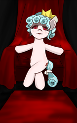 Size: 2497x4000 | Tagged: safe, artist:fanxingsama, imported from derpibooru, cozy glow, pegasus, pony, anatomically incorrect, couch, crossed legs, crown, female, filly, foal, high res, incorrect leg anatomy, jewelry, regalia, sitting, solo