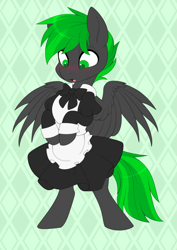 Size: 2019x2854 | Tagged: safe, artist:scarlet-spectrum, imported from derpibooru, part of a set, oc, oc only, oc:bytewave, pegasus, pony, abstract background, bipedal, blushing, clothes, commission, crossdressing, dress, maid, male, pegasus oc, solo, spread wings, stallion, surprised, wings, ych result