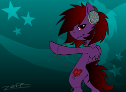 Size: 939x686 | Tagged: safe, artist:zeffdakilla, imported from derpibooru, oc, oc only, oc:frankie fang, pegasus, abstract background, bipedal, emo, flash, headphones, smiling, solo, standing