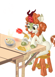 Size: 2500x3500 | Tagged: safe, artist:kirinstarlight, imported from derpibooru, autumn blaze, kirin, chair, chopsticks, eating, female, food, glowing, glowing horn, horn, magic, simple background, sitting, solo, stool, table, telekinesis, white background