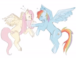 Size: 3088x2396 | Tagged: safe, artist:patmeowz, imported from derpibooru, fluttershy, rainbow dash, pegasus, pony, duo, duo female, female, flutterdash, flying, heart, high res, lesbian, looking at each other, looking at someone, mare, profile, reaching, shipping, simple background, spread wings, white background, wings