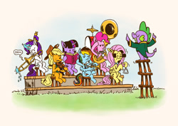 Size: 2662x1888 | Tagged: safe, artist:horsewizardart, imported from derpibooru, applejack, fluttershy, pinkie pie, rainbow dash, rarity, spike, twilight sparkle, dragon, earth pony, pegasus, pony, unicorn, band, blinders, book, bowtie, conductor, dexterous hooves, drums, eyes closed, female, fiddle, glowing, glowing horn, harmonica, hoof hold, horn, male, mane seven, mane six, mare, musical instrument, necktie, reading, stage fright, tack, theory, triangle, trombone, trumpet, tuba, violin, wing hands, wings