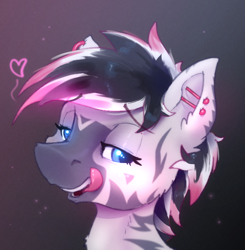 Size: 720x736 | Tagged: safe, artist:xbi, imported from derpibooru, oc, oc only, oc:bananas, pony, zebra, abstract background, bust, heart, portrait, solo, tongue out, zebra oc