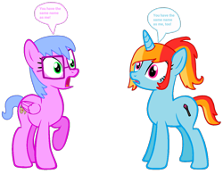 Size: 1222x953 | Tagged: safe, artist:bronybase, artist:pagiepoppie12345, artist:pizzazzy, imported from derpibooru, oc, oc only, oc:artie brush, pegasus, pony, unicorn, base used, dialogue, female, glasses, looking at each other, looking at someone, mare, multicolored hair, paint, paintbrush, ponytail, rainbow hair, raised hoof, shocked, simple background, speech bubble, text, transparent background, wings