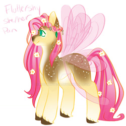 Size: 1280x1280 | Tagged: safe, artist:modharvest, imported from derpibooru, fluttershy, deer, deer pony, flutter pony, hybrid, original species, pony, deerified, female, flower, flower in hair, flutterdeer, mare, simple background, solo, species swap, unshorn fetlocks, white background