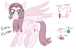 Size: 874x566 | Tagged: safe, artist:sirena-flitter, imported from derpibooru, oc, oc only, oc:sirena flitter, pegasus, pony, female, heart, looking at you, mare, paintbrush, pencil, reference sheet, simple background, solo, text, white background, wings