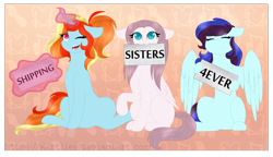 Size: 2023x1162 | Tagged: safe, artist:martiiee, imported from derpibooru, oc, oc only, oc:artie brush, oc:perry notes, oc:sirena flitter, pegasus, pony, unicorn, commission, eyes closed, female, floppy ears, holding, horn, magic, mare, mouth hold, multicolored hair, one eye closed, open mouth, ponytail, rainbow hair, sign, sitting, smiling, text, wings, wink