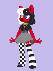 Size: 1545x2048 | Tagged: safe, artist:glowfangs, imported from derpibooru, oc, oc only, oc:domino checkerchip, anthro, earth pony, unguligrade anthro, anthro oc, choker, clothes, earth pony oc, eyebrows, eyebrows visible through hair, female, heterochromia, mare, multicolored hair, purple background, simple background, skirt, socks, solo, striped socks