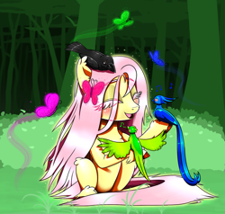 Size: 1461x1389 | Tagged: safe, artist:questionmarkdragon, imported from derpibooru, fluttershy, bird, butterfly, pegasus, pony, blushing, eyes closed, female, fetlock tuft, forest, grass, mare, music notes, open mouth, open smile, outdoors, sitting, sitting on head, smiling, solo, stray strand, unshorn fetlocks