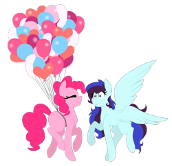 Size: 1851x1790 | Tagged: safe, artist:martiiee, imported from derpibooru, pinkie pie, oc, oc:perry notes, earth pony, pegasus, pony, balloon, commission, eyes closed, female, floating, flying, mare, raised hoof, raised leg, shocked, shrunken pupils, simple background, smiling, spread wings, then watch her balloons lift her up to the sky, transparent background, wings