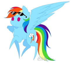 Size: 964x829 | Tagged: safe, artist:martiiee, imported from derpibooru, rainbow dash, pegasus, pony, chibi, female, glasses, mare, pointy legs, raised hoof, simple background, spread wings, sunglasses, transparent background, wings