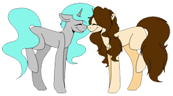 Size: 588x328 | Tagged: safe, artist:martiiee, imported from derpibooru, oc, oc only, oc:martee, oc:viv, pony, unicorn, female, horn, mare, raised leg, simple background, smiling, transparent background