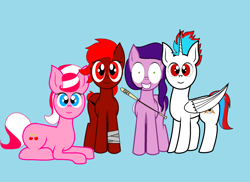 Size: 1952x1422 | Tagged: dead source, safe, artist:askdj-redmix-rp, imported from derpibooru, pipp petals, oc, oc:eclipse, oc:light rain, oc:questcatcher, oc:sky blue, alicorn, earth pony, pegasus, pony, alicorn oc, earth pony oc, fanart, g5, horn, pippamena, wings