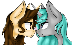 Size: 1285x800 | Tagged: safe, artist:vivieart, imported from derpibooru, oc, oc only, oc:martee, oc:viv, pony, unicorn, female, heart, horn, looking at each other, looking at someone, mare, simple background, transparent background