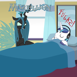 Size: 2000x2000 | Tagged: safe, artist:grapefruit-face, imported from derpibooru, queen chrysalis, shining armor, album cover, bed, canterlot wedding 10th anniversary, duo, marillion, parody, ponified, ponified album cover, sleeping, spread wings, wings