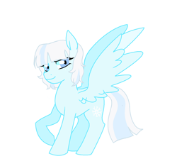 Size: 1352x1264 | Tagged: safe, artist:sirena-flitter, imported from derpibooru, oc, oc only, oc:snowflake, pegasus, pony, female, mare, offspring, parent:rainbow dash, parent:soarin', parents:soarindash, raised hoof, simple background, smiling, spread wings, white background, wings