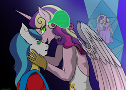 Size: 5000x3572 | Tagged: safe, artist:lullabyjak, imported from derpibooru, princess cadance, queen chrysalis, shining armor, alicorn, anthro, unicorn, bride, canterlot wedding 10th anniversary, clothes, dress, fake cadance, groom, jewelry, mind control, ring, trapped, wedding dress, wedding night, wedding ring