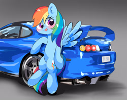 Size: 3312x2613 | Tagged: safe, artist:leo19969525, imported from derpibooru, rainbow dash, pegasus, pony, blushing, car, cute, dashabetes, female, flying, hair, multicolored hair, open mouth, rainbow hair, rainbow tail, simple background, solo, spread wings, tail, toyota, toyota supra, wings