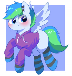 Size: 2507x2646 | Tagged: safe, artist:leo19969525, imported from derpibooru, oc, oc only, pegasus, pony, blue eyes, blushing, clothes, cute, flying, hair, male, ocbetes, pegasus oc, simple background, smiling, socks, solo, spread wings, striped socks, tail, wings