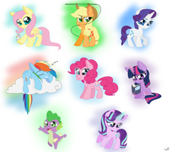 Size: 4072x3600 | Tagged: safe, artist:sirena-flitter, imported from derpibooru, applejack, fluttershy, pinkie pie, rainbow dash, rarity, spike, starlight glimmer, twilight sparkle, alicorn, bird, dragon, earth pony, pegasus, pony, unicorn, applejack's hat, book, cloud, cowboy hat, female, hat, horn, lasso, lying down, lying on a cloud, magic, male, mane eight, mare, on a cloud, prone, raised hoof, reading, rope, scroll, sleeping, sleeping on a cloud, smiling, tongue out, twilight sparkle (alicorn), wings