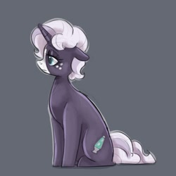 Size: 768x768 | Tagged: safe, artist:smirk, imported from derpibooru, oc, oc only, oc:lullaby, unicorn, floppy ears, freckles, full body, gray background, horn, lidded eyes, simple background, sitting, solo, unicorn oc